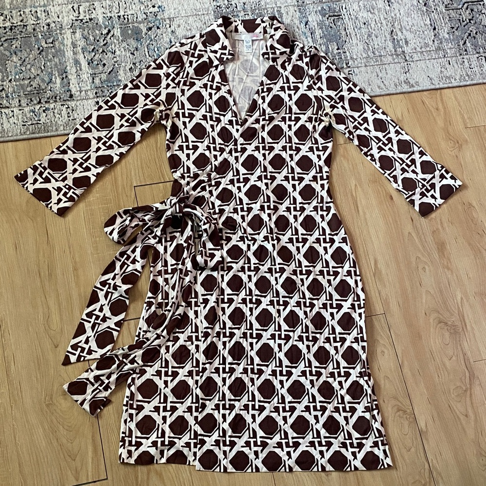 Vintage Diane von Furstenberg Brown and Beige Geometric Print Wrap Dress